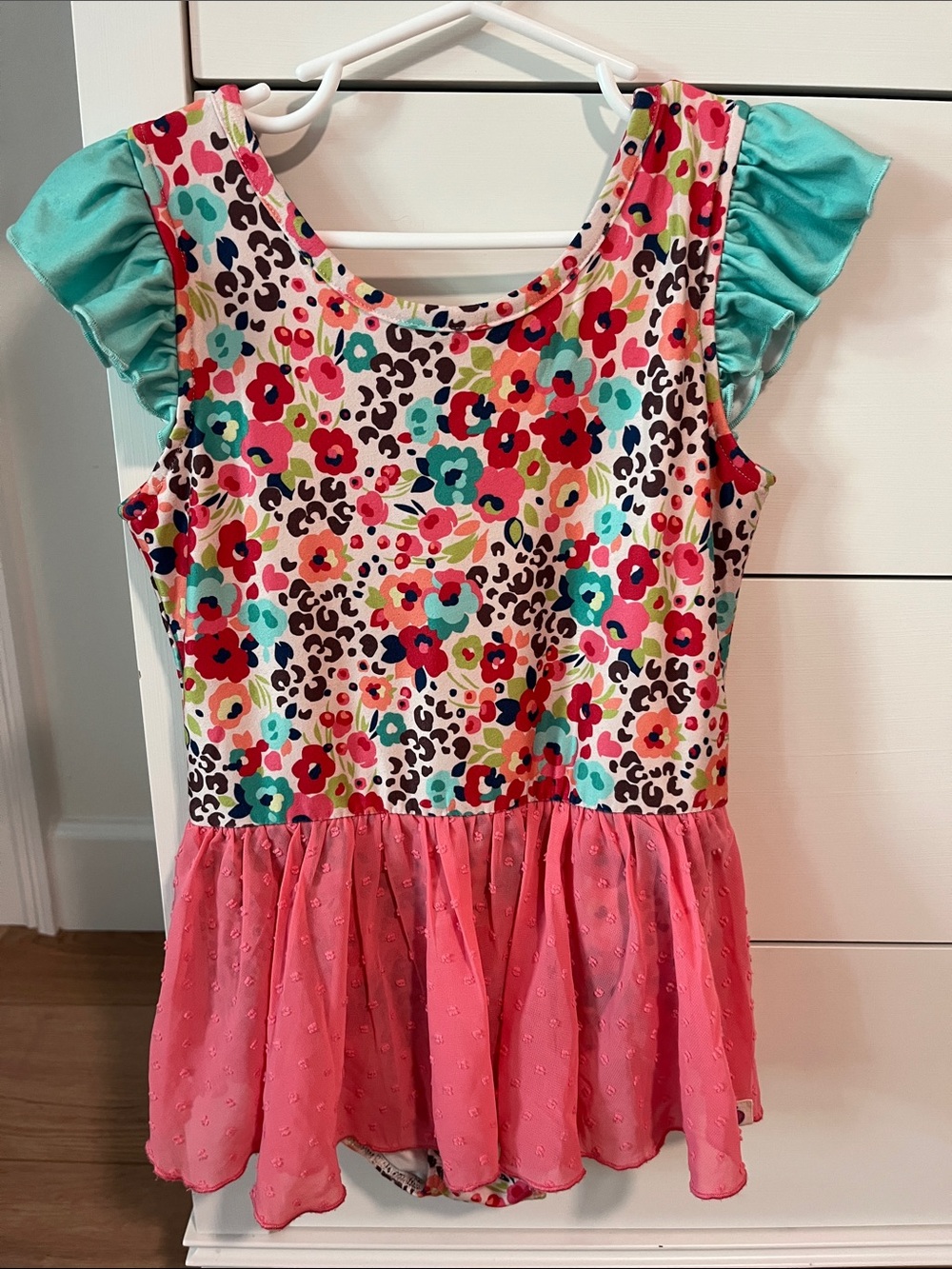 Cheeky Plum Girls Floral & Leopard Print Farrah Leotard with Ruffle Sleeves